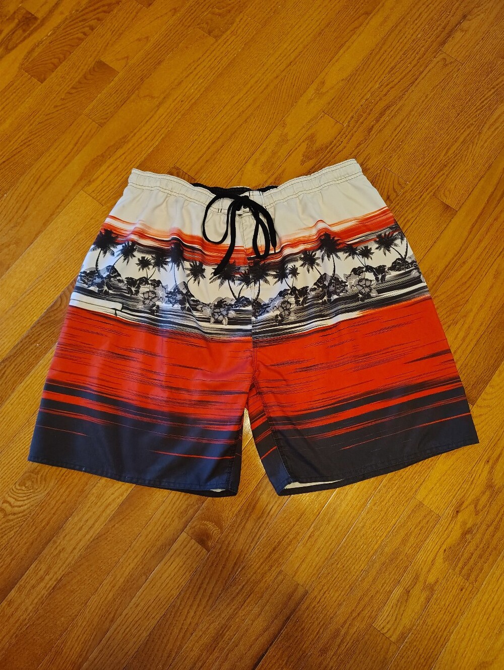 Men's Red Black Tropical Stripe Swim Trunks